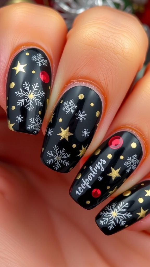 Elegant Black Christmas Nail Art Elegant black Christmas nail art with snowflakes and stars on a festive background.